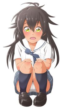 1girl akino_komugi black_hair black_socks bow bowtie breasts cinderella_series collarbone full_body green_eyes hachigatsu_no_cinderella_nine hair_between_eyes hands_on_own_knees highres loafers long_hair looking_at_viewer nekonitankobu no_dickey open_mouth panties pantyshot plaid_clothes plaid_skirt sailor_collar satogahama_school_uniform school_uniform shadow shoes short_sleeves simple_background skirt socks solo squatting straight-on summer_uniform tan thighs underwear white_background white_panties white_sailor_collar