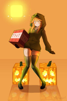 Rule 34 | 1girl, absurdres, closed mouth, creeparka, creeper, cupa (at2.), destinyplayer1, explosive, gloves, gluteal fold, green hoodie, green thighhighs, highres, holding block, hood, hood up, hoodie, jack-o'-lantern, long hair, looking at viewer, minecraft, mob talker, orange background, orange eyes, orange hair, orange theme, panties, personification, pumpkin, skindentation, smile, solo, sun, thighhighs, tnt, tnt block (minecraft), underwear