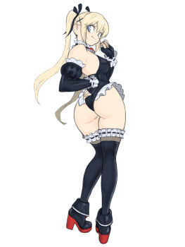 1girl ass bare_shoulders black_ribbon blonde_hair blue_eyes breasts commentary_request dead_or_alive detached_sleeves frilled_leotard frills from_behind gloves hair_ornament hair_ribbon high_heels highres leotard long_hair marie_rose ribbon smile solo swimsuit thighhighs toshinoshin twintails twisted_torso x_hair_ornament