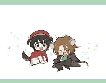 Rule 34 | 1boy, 1girl, animal ears, archived source, ascot, beret, black eyes, black hair, black pants, black shoes, black tail, blush, brown coat, brown eyes, brown hair, brown sleeves, brown tail, cape, chibi, chibi only, children of the rune, coat, curtained hair, dog ears, dog girl, dog tail, dot nose, fang, full body, glasses, green ascot, grey shoes, hat, honey3apple, ispin charles, letterboxed, long sleeves, loose hair strand, maximin liebkne, mouse boy, mouse ears, mouse tail, one eye closed, open mouth, pants, parted bangs, parted hair, rectangular eyewear, red cape, red hat, rimless eyewear, shirt, shoes, simple background, single sleeve past fingers, sitting, star (symbol), straight hair, tail, tales weaver, upper body, v-shaped eyebrows, wariza, white background, white shirt, white sleeves