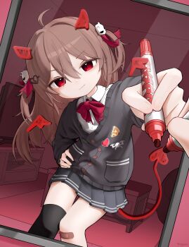 1girl absurdres badge bandaid bandaid_on_knee bandaid_on_leg black_cardigan black_skirt black_sleeves black_thighhighs bow bowtie broken_heart broken_heart_hair_ornament brown_hair button_badge cardigan closed_mouth commentary cowboy_shot drawn_horns drawn_tail drawn_wings dress_shirt dutch_angle english_commentary evil_neuro-sama flat_screen_tv hair_between_eyes hair_ornament hair_ribbon hand_on_own_hip heart highres holding holding_marker indoors long_hair long_sleeves looking_at_mirror marker miniskirt mirror neuro-sama pleated_skirt pov pungsun red_bow red_bowtie red_eyes red_ribbon reflection ribbon shirt single_thighhigh skirt skull_hair_ornament solo table television thighhighs two_side_up vedal_ai virtual_youtuber white_shirt