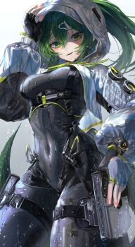 Rule 34 | 1girl, absurdres, arknights, arknights: endfield, black bodysuit, bodysuit, commentary request, endfield uniform, fingerless gloves, fluorite (arknights), gloves, green tail, grey hood, highres, hood, hood up, hooded shrug, impossible bodysuit, impossible clothes, lizard tail, long hair, looking at viewer, ponytail, reptile girl, safutsuguon, shrug (clothing), snake girl, snake tail, solo, tail, wet, wet clothes, white shrug
