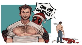 2boys assisted_exposure back bara beard belt black_gloves bodysuit brown_hair chest_hair christmas claw_(weapon) closed_mouth commentary cuts deadpool deadpool_&amp;_wolverine deadpool_(series) denim english_commentary english_text facial_hair fourth_wall frown gloves hairy hat highres injury jeans kdf_(nomorelemontea) large_pectorals looking_at_viewer lying male_focus marvel marvel multiple_boys muscular muscular_male nipples pants pectorals red_bodysuit red_mask santa_costume santa_hat shirt shoes short_hair speech_bubble standing tearing_clothes thumbs_up topless_male torn_clothes torn_shirt weapon wolverine_(x-men) x-men yaoi