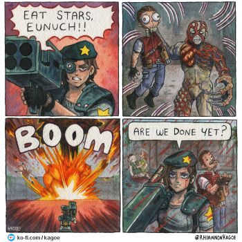 Rule 34 | 2boys, 2girls, absurdres, artist name, barry burton, beard stubble, beret, blue hat, blue shirt, brown hair, chris redfield, claws, commentary, english commentary, explosion, facial hair, hat, highres, jill valentine, multiple boys, multiple girls, rebecca chambers, resident evil, resident evil 1, rhiannon kagoe, rocket launcher, shirt, shoulder pads, speech bubble, stubble, tyrant (resident evil), weapon