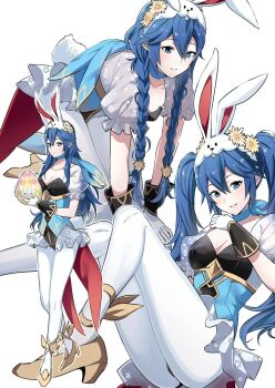 1girl alternate_hairstyle ameno_(a_meno0) animal_ears blue_eyes blue_hair braid brand_of_the_exalt breasts cleavage easter_egg egg fake_animal_ears fire_emblem fire_emblem_awakening fire_emblem_heroes gloves hair_between_eyes high_heels long_hair looking_at_viewer lucina_(fire_emblem) lucina_(spring_exalt)_(fire_emblem) multiple_views nintendo official_alternate_costume pantyhose playboy_bunny puffy_short_sleeves puffy_sleeves rabbit_ears short_sleeves small_breasts smile symbol_in_eye twin_braids twintails white_background white_gloves white_pantyhose