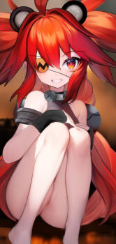 1girl animal_ears bare_shoulders bear_ears bottomless censored cleft_of_venus crop_top fake_animal_ears female_focus hair_between_eyes kekekejima koleda_belobog loli long_hair looking_at_viewer mosaic_censoring orange_eyes orange_hair pussy smile solo twintails very_long_hair zenless_zone_zero