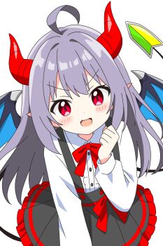 1girl :d ahoge black_skirt blush bow bowtie buttons center_frills clenched_hand collared_shirt commentary_request cowboy_shot demon_girl demon_horns demon_tail demon_wings dot_nose fangs frilled_skirt frills hair_intakes hand_up highres horns kotatsu-mazoku long_hair long_sleeves looking_at_viewer open_mouth original pleated_skirt pointy_ears purple_hair red_bow red_bowtie red_eyes shirt shoshinsha_demon_girl_(kotatsu-mazoku) shoshinsha_mark sidelocks simple_background skin_fangs skirt smile solo suspender_skirt suspenders tail v-shaped_eyebrows waist_bow white_background white_shirt wings