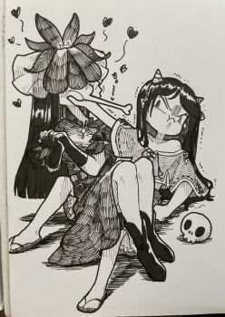 Rule 34 | 2girls, boots, commentary request, cone horns, dress, flower, flower on head, gloves, greyscale, heart, horns, interlocked fingers, lobelia (flower), long hair, monochrome, multiple girls, nippaku zanmu, own hands together, photo (object), puffy short sleeves, puffy sleeves, sandals, shirt, short sleeves, skirt, skull, suteruko, touhou, traditional media, trembling, very long hair, yomotsu hisami, yuri