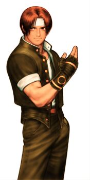 Rule 34 | 1boy, abs, belt, black hair, capcom vs. snk, curtained hair, fingerless gloves, game cg, gloves, hand up, headband, highres, jacket, kusanagi kyou, light smile, looking to the side, male focus, mori toshiaki, muscular, muscular male, non-web source, official art, open clothes, open jacket, short hair, sleeveless, sleeveless jacket, smile, solo, the king of fighters, undershirt, white background, white headband