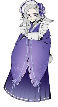 1girl alternate_costume animal_ears aotsuki_eito bonnet bow braid chi_(mayihan435) chinese_commentary closed_mouth commentary_request enmaided eyelashes eyes_visible_through_hair full_body genderswap genderswap_(mtf) glasses grey_hair hakama highres japanese_clothes kimono long_hair long_sleeves lop_rabbit_ears maid purple_bonnet purple_bow purple_eyes purple_hakama purple_kimono rabbit_ears rabbit_girl rabbit_tail semi-rimless_eyewear side_braid simple_background single_braid smile solo tail the_hundred_line_-last_defense_academy- wa_maid white_background wide_sleeves