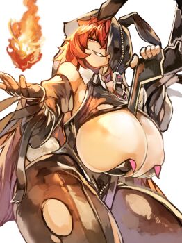 1girl absurdres between_breasts breasts brunhild_(last_origin) character_request female_focus fire gun highres huge_breasts impossible_clothes larribee last_origin looking_at_viewer magic pantyhose playboy_bunny pyrokinesis rabbit_ears rabbit_tail red_eyes smile solo spiked_hair standing torn_clothes weapon white_background yellow_eyes