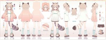 1girl animal_slippers apple asymmetrical_legwear brown_hair brown_shorts closed_mouth commentary double-parted_bangs earbuds earphones english_commentary english_text eru_daydream fang food fruit gradient_background hair_between_eyes hair_ornament hairclip highres hood hooded_jacket jacket komachi_panko komachi_panko_(4th_costume) long_hair loose_socks multiple_views no_jacket official_art oversized_clothes oversized_jacket oversized_shirt phase_connect pink_eyes pink_jacket pointing_out_the_details print_shirt red_panda_ears red_panda_girl red_panda_tail reference_sheet reflective_floor shirt short_twintails shorts sidelocks skin_fang sleeves_past_wrists slippers smile socks striped_clothes striped_socks tam-u thick_eyebrows twintails uneven_legwear virtual_youtuber white_shirt