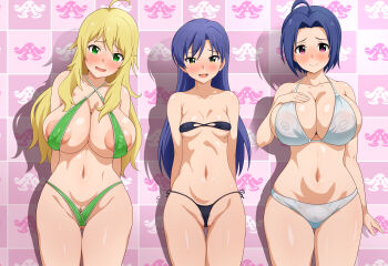 3girls absurdres ahoge areola_slip bikini black_bikini blonde_hair blue_hair blush breasts brown_eyes closed_mouth commentary_request covered_erect_nipples cowboy_shot female_pubic_hair furrowed_brow gluteal_fold green_bikini green_eyes highres hoshii_miki idolmaster idolmaster_(classic) kisaragi_chihaya large_breasts large_variant_set long_hair looking_at_viewer miura_azusa multiple_girls navel open_mouth pubic_hair purple_eyes see-through_bikini see-through_clothes short_hair side-by-side side-tie_bikini_bottom small_breasts smile standing strapless strapless_bikini swimsuit variant_set yagiyama_hituzi