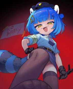 1girl animal_ears armband black_gloves blue_hair blue_shirt blue_skirt breast_pocket chromashift collared_shirt english_text from_below gloves hair_ornament hairclip half-closed_eyes hat highres holding_baton leaf_hair_ornament loli looking_at_viewer mesugaki necktie pocket poko_rakun police police_hat police_uniform raccoon_ears raccoon_tail red_background sahelanthropus_(latinxedgelord) sharp_teeth shirt shirt_tucked_in short_sleeves skirt solo stepped_on tail teeth thighhighs tie_clip virtual_youtuber yellow_eyes