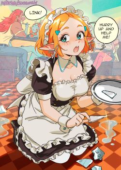 1boy 3girls absurdres alternate_costume apron blonde_hair blue_eyes breasts closed_eyes dark-skinned_male dark_skin eating english_text feet food footjob footjob_under_table ganondorf highres kneeling large_breasts long_hair maid maid_headdress midna midna_(true) multiple_girls newspaper nintendo open_mouth orange_hair plate pointy_ears princess_zelda purah red_thighhighs restaurant smile snegovski table teasing the_legend_of_zelda the_legend_of_zelda:_tears_of_the_kingdom the_legend_of_zelda:_twilight_princess thighhighs tray