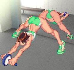 1girl ab_roller ab_wheel animated ass ass_shake bent_over bingo_tarte brown_eyes brown_hair exercise_wheel exercising jack-o'_challenge jiggle kasugano_sakura legs legs_apart midriff_peek mirror muscular muscular_female pussy_bulge_under_panties shoes short short_hair sneakers sports_bra street_fighter stretching thighs top-down_bottom-up track_uniform video