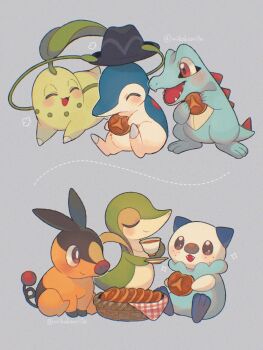 animal_focus basket blush brown_eyes chikorita closed_eyes closed_mouth cookie cup cyndaquil fangs food gen_2_pokemon gen_5_pokemon hat highres holding holding_cup holding_food holding_saucer holding_unworn_clothes holding_unworn_hat leaf mikakami1e nintendo no_humans open_mouth oshawott plant pokemon pokemon_(creature) pokemon_focus red_eyes saucer sharp_teeth simple_background smile snivy starter_pokemon_trio tail tea teacup teeth tepig totodile unworn_hat unworn_headwear vines