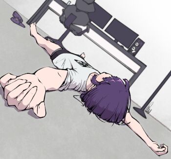 1girl alternate_costume alternate_hair_length alternate_hairstyle arms_up bare_legs barefoot black_shorts blunt_bangs bob_cut casual chair commentary computer curled_fingers desk dutch_angle english_commentary feet flat_chest floor floor_lamp foreshortening from_above from_behind full_body gaming_chair grey_background hair_strand hololive hololive_english indoors lamp lazy looking_up lying messy_hair monitor ninomae_ina&#039;nis ninomae_ina&#039;nis_(loungewear) no_eyes on_back on_floor on_ground open_mouth outstretched_arms purple_hair qworty_warrior shirt short_hair short_shorts short_sleeves shorts sidelocks sketch slippers solo spread_arms spread_eagle_position spread_legs swivel_chair t-shirt takodachi_(ninomae_ina&#039;nis) toes unworn_slippers virtual_youtuber white_shirt