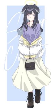 1girl animal_ears bag black_hair blue_archive blue_background boots border breasts brown_boots closed_mouth collarbone commentary_request dog_ears full_body handbag hibiki_(blue_archive) highres holding holding_bag jacket lace-up_boots long_hair long_sleeves looking_at_viewer off_shoulder open_clothes open_jacket puffy_long_sleeves puffy_sleeves purple_eyes purple_shirt shirt skirt sleeves_past_wrists small_breasts solo text_background vividnatadecoco walking white_border white_jacket white_skirt