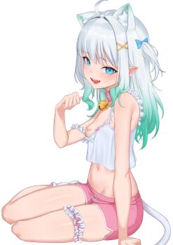 1girl absurdres ahoge animal_collar animal_ear_fluff animal_ears aqua_hair arm_support bandaid bandaids_on_nipples bare_arms bare_shoulders bell blue_bow blue_eyes blush bow breasts camisole cat_ears cat_girl cat_tail collar commentary dolphin_shorts english_commentary fang frilled_camisole frilled_thigh_strap frills gradient_hair hair_bow hair_ornament highres indie_virtual_youtuber jingle_bell long_hair looking_at_viewer lunarisbloom mint_fantome mint_fantome_(otaku) multicolored_hair navel neck_bell open_mouth pasties paw_pose pink_collar pink_shorts pointy_ears short_shorts shorts simple_background sitting small_breasts smile solo strap_slip tail thigh_strap two-tone_hair virtual_youtuber white_background white_camisole white_hair x_hair_ornament yokozuwari
