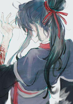 Rule 34 | 1boy, ahoge, alternate hairstyle, black hair, black hanfu, blood, blood on arm, blood on face, chinese clothes, cosplay, cuts, facing away, from behind, grey background, grey sash, hair bun, hair ribbon, hand up, hanfu, highres, injury, konno shimako, long hair, long sleeves, male focus, mo xuanyu, mo xuanyu (cosplay), modao zushi, ponytail, red ribbon, red sash, ribbon, robe, sash, sidelocks, simple background, single hair bun, solo, upper body, wei wuxian, white background, wide sleeves