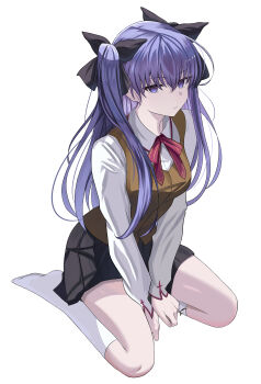 absurdres alternate_universe black_skirt brown_vest child corruption cosplay dark_persona fate/stay_night fate_(series) hair_ribbon heaven&#039;s_feel highres homurabara_academy_school_uniform long_hair long_legs matou_rin matou_sakura matou_sakura_(cosplay) print_ribbon purple_eyes purple_hair red_ribbon ribbon role_reversal school_uniform shokobr skirt thighhighs tohsaka_rin two_side_up vest