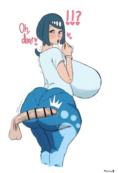 1futa 1girl :o ass bar_censor blue_hair blush breasts censored dark-skinned_female dark_skin english_text erection freckles futa_with_female futanari highres huge_ass huge_breasts huge_penis imminent_penetration interracial lana's_mother_(pokemon) manotasos medium_hair nintendo open_mouth penis pokemon simple_background testicles veins veiny_penis white_background