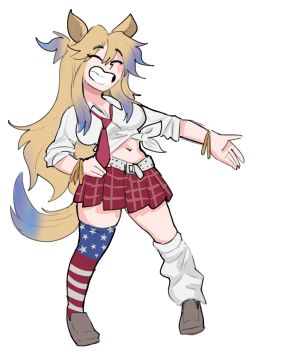 1girl absurdres american_flag american_flag_legwear american_flag_print animal_ears asymmetrical_legwear blonde_hair blue_hair bracelet breasts closed_eyes flag_print full_body grin highres horse_ears horse_girl horse_tail japvs jewelry large_breasts long_hair long_sleeves midriff multicolored_hair navel obey_your_master_(umamusume) open_mouth pleated_skirt red_skirt shirt shoes simple_background single_thighhigh skirt smile socks solo tail teeth thighhighs tied_shirt umamusume umamusume:_cinderella_gray uneven_legwear white_background white_shirt white_socks