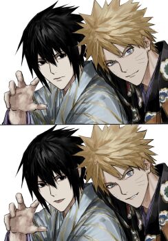 Rule 34 | 2boys, black hair, blonde hair, closed mouth, facial mark, hair between eyes, highres, japanese clothes, looking at viewer, male focus, multiple boys, multiple views, naruto (series), parted lips, short hair, simple background, smirk, sso s, teeth, tongue, tongue out, uchiha sasuke, uzumaki naruto, whisker markings, white background