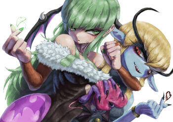 2girls absurdres animal_print bat_print blue_skin colored_skin commentary darkstalkers finger_heart genderswap genderswap_(mtf) green_eyes green_hair head_wings highres jedah_dohma long_hair morrigan_aensland multiple_girls nojob_hiro pantyhose print_pantyhose sharp_teeth simple_background teeth white_background wings