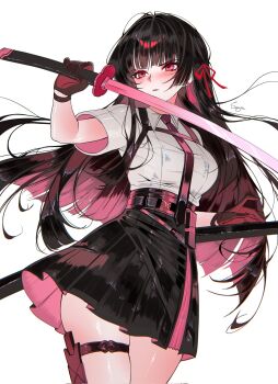 Rule 34 | 1girl, alternate costume, black gloves, black hair, black skirt, blush, breasts, chisa (wuthering waves), collared shirt, commentary, corrupted twitter file, english commentary, gloves, hair ribbon, highres, holding, holding sword, holding weapon, katana, large breasts, long hair, looking ahead, necktie, parted lips, pink eyes, pink hair, pink necktie, red ribbon, ribbon, sanya (sanya lox228), shirt, shirt tucked in, signature, simple background, skirt, solo, sword, thigh strap, thighs, weapon, white background, white shirt, wuthering waves