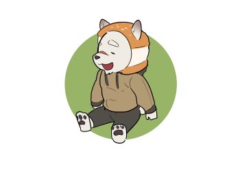 1boy 47fuse absurdres animal_ears barefoot bear_boy bear_ears brown_hoodie closed_eyes commentary furry furry_male grey_pants highres hood hoodie indie_virtual_youtuber jugo_kumagai male_focus open_mouth pants pawpads scar scar_on_face scar_on_nose symbol-only_commentary