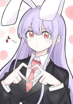 1girl animal_ears black_jacket blazer blush commentary eighth_note four-finger_heart_hands heart heart_hands highres jacket long_hair long_sleeves looking_at_viewer musical_note necktie o3o osr5555 purple_hair rabbit_ears rabbit_girl red_eyes red_necktie reisen_udongein_inaba shirt solo straight_hair touhou upper_body very_long_hair white_shirt