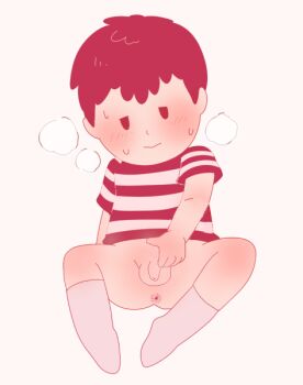 anus ass black_hair bottomless embarrassed groin huge_ass legs lying male_focus mother_(series) mother_2 ness_(mother_2) nintendo no_underwear penis perineum shirt shota sjsj_10 small_penis socks super_smash_bros. testicles