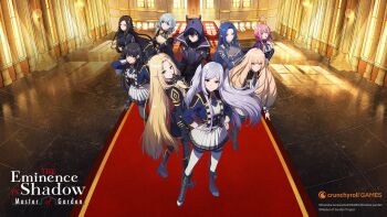 Rule 34 | 1boy, 6+girls, ahoge, alexia midgar, alpha (kagejitsu), artist request, beta (kagejitsu), black coat, black footwear, black hair, black hood, blonde hair, blue eyes, blue jacket, blue necktie, boots, braid, breasts, cid kagenou, cid kagenou (shadow), claire kagenou, cleavage, cleavage cutout, clothing cutout, coat, copyright notice, crossed arms, crunchyroll, gamma (kagejitsu), grey hair, hands on own hips, highres, jacket, kage no jitsuryokusha ni naritakute!, kage no jitsuryokusha ni naritakute! master of garden, logo, long hair, midgar academy school uniform, multiple drills, multiple girls, necktie, nu (kagejitsu), official art, open clothes, open jacket, pink eyes, pink hair, pleated skirt, pointy ears, red carpet, rose oriana, school uniform, see-through cleavage, see-through clothes, sherry barnett, shirt, short necktie, skirt, thighhighs, throne, throne room, twin braids, white shirt, white skirt, white thighhighs, window, yellow eyes