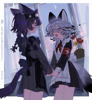 Rule 34 | 1cyaya1, 2girls, animal ears, apron, armband, artist name, back bow, bare legs, black bow, black dress, black hair, blue bow, blue eyes, blue hair, blue sky, blush, border, bow, braid, cat ears, cat girl, cat tail, chinese commentary, colored tips, commentary, cowboy shot, crescent moon, curtains, dress, facing away, flower, frilled apron, frills, grey hair, hair between eyes, hair bow, highres, indoors, looking at another, looking at viewer, moon, multicolored hair, multiple girls, neckerchief, open mouth, original, pink clouds, red flower, red neckerchief, sky, smile, striped bow, striped clothes, striped dress, tail, twin braids, vertical-striped clothes, vertical-striped dress, white apron, white border, white flower, yellow flower