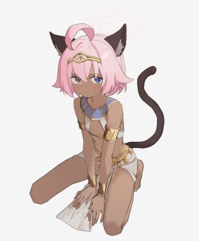 1girl :/ ahoge alternate_costume alternate_skin_color ancient_egyptian_clothes animal_ear_fluff animal_ears armlet arsyky14 bare_arms bare_legs barefoot blue_archive blue_eyes blush bracelet cat_ears cat_tail closed_mouth collarbone dark-skinned_female dark_skin dot_nose feet flat_chest full_body hair_between_eyes halo heterochromia highres hoshino_(blue_archive) huge_ahoge brown_egyptian_cat-eared_loli_(trend) jewelry kemonomimi_mode loli looking_at_viewer navel pelvic_curtain pink_hair pink_halo short_hair simple_background solo tail thighs usekh_collar yellow_eyes