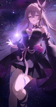 Rule 34 | 1girl, absurdres, black dress, breasts, cleavage, commentary request, crossed bangs, detached sleeves, dress, dress flower, ff 01, floating, flower, full body, hair ornament, highres, long hair, looking at viewer, medium breasts, nocturne (ff), original, purple eyes, purple hair, skirt, solo, space, thighs