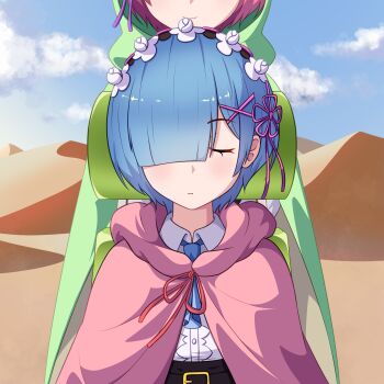 2girls belt blue_hair blue_sky cloak closed_eyes closed_mouth cloud day desert eggvedeon facing_viewer hair_ornament hair_over_one_eye hair_ribbon highres hood maid maid_headdress multiple_girls outdoors pink_hair pink_ribbon ram_(re:zero) re:zero_kara_hajimeru_isekai_seikatsu rem_(re:zero) ribbon shirt short_hair siblings sisters sky smile twins white_shirt x_hair_ornament