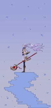 1girl black_pantyhose blue_petals boots brown_boots capelet cardcaptor_sakura closed_eyes earrings elf falling_petals floating_hair frieren from_side full_body gold_trim grey_hair hashtag-only_commentary highres holding holding_staff jewelry long_hair long_sleeves mage_staff pantyhose parody parted_bangs petals pointy_ears profile scene_reference skirt sleeve_cuffs sousou_no_frieren staff stairs standing teardrop_earrings twintails wanderjegson white_capelet white_skirt