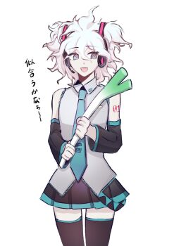 1boy cosplay danganronpa_(series) danganronpa_2:_goodbye_despair detached_sleeves food grey_eyes grey_hair hair_ornament hatsune_miku hatsune_miku_(cosplay) headphones highres holding holding_food holding_spring_onion holding_vegetable komaeda_nagito kurosaki_naomii male_focus medium_hair messy_hair necktie open_mouth pleated_skirt short_twintails skirt sleeveless spring_onion thighhighs twintails vegetable vocaloid