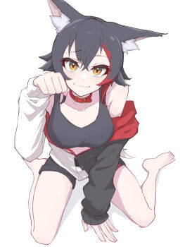 1girl adapted_costume animal_ear_fluff animal_ears arm_support barefoot belt_collar black_hair black_jacket black_shorts black_sports_bra blush breasts closed_mouth collar commentary double-parted_bangs eihire feet full_body hair_between_eyes highres hololive jacket long_hair looking_at_viewer medium_breasts multicolored_hair multicolored_jacket official_alternate_costume ookami_mio ookami_mio_(hoodie) open_clothes open_jacket partially_unzipped paw_pose raised_eyebrow red_collar red_streaks shorts sidelocks single_hair_streak sitting sleeves_past_wrists smile solo spiked_hair sports_bra streaked_hair tail toes two-tone_jacket virtual_youtuber wariza white_jacket wolf_ears wolf_girl wolf_tail yellow_eyes