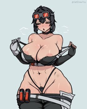 1girl :o abs absurdres areola_slip artist_name asymmetrical_gloves bare_shoulders black_choker black_gloves black_hair black_panties black_pants black_pubic_hair black_sports_bra blush breasts choker cleavage clothes_pull collarbone commentary cowboy_shot double-parted_bangs explosive female_pubic_hair fingerless_gloves gloves goggles goggles_on_head grace_howard grenade groin hair_between_eyes hand_up heavy_breathing highres huge_breasts looking_to_the_side mismatched_gloves navel open_mouth orange-tinted_eyewear panties pants pants_pull partially_visible_vulva pubic_hair red_eyes removing_bra saltdrawyou short_hair simple_background single_fingerless_glove solo sports_bra sweat thick_thighs thighs tinted_eyewear toned toned_female underwear undressing very_sweaty white_background white_gloves wide_hips zenless_zone_zero zipper zipper_pull_tab zipper_top