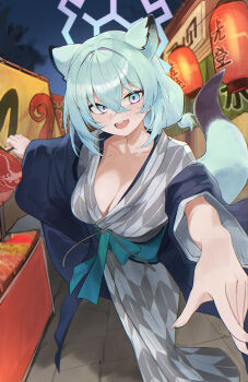 1girl absurdres animal_ears blue_archive blue_eyes blue_hair blush breasts cleavage collarbone ferret_ears ferret_tail gradient_eyes gradient_halo grey_kimono halo highres holding holding_lantern japanese_clothes kimono kumari2311 lantern looking_at_viewer medium_breasts medium_hair multicolored_eyes multicolored_halo obi open_mouth purple_halo reaching reaching_towards_viewer sash shigure_(blue_archive) shigure_(hot_spring)_(blue_archive) smile solo summer_festival yukata