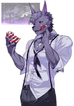 1boy animal_ears bara black_sclera cake chaos_zero_nightmare claws colored_sclera commentary cross_scar food furry furry_male grey_pants highres holding holding_cake holding_food hugo_(chaos_zero_nightmare) katamuki licking_lips looking_at_viewer male_focus muscular muscular_male necktie pants pectorals photo_inset purple_eyes scar scar_on_face shirt suspenders sweat symbol-only_commentary tongue tongue_out undone_necktie white_background white_shirt wolf_boy wolf_ears
