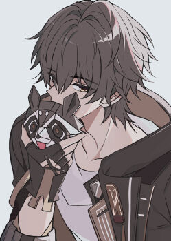 Rule 34 | 1boy, 3lossom, absurdres, arm up, black gloves, black jacket, caelus (honkai: star rail), collarbone, commentary request, fingerless gloves, gloves, grey hair, highres, holding, holding mask, honkai: star rail, honkai (series), jacket, korean commentary, looking to the side, male focus, mask, open clothes, open jacket, shirt, short hair, sideways glance, simple background, solo, trailblazer (honkai: star rail), white background, white shirt