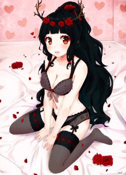1girl :o absurdres antlers artist_name black_bra black_hair black_legwear black_panties blunt_bangs blush bra breasts commentary commission female_focus flower from_above full_body groin hair_flower hair_ornament high_ponytail highres horns indoors lingerie long_hair looking_at_viewer medium_breasts navel on_bed original panties ponytail red_eyes red_flower red_rose rose see-through_clothes sidelocks sitting solo stomach takai_seika underwear underwear_only very_long_hair wariza