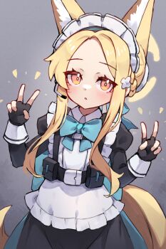 1girl animal_ear_fluff animal_ears apron black_dress black_gloves blonde_hair blue_archive blue_bow blue_bowtie bow bowtie cosplay double_v dress fingerless_gloves fox_ears fox_girl fox_tail gloves grey_background halo highres juliet_sleeves long_sleeves looking_at_viewer maid maid_apron maid_headdress miya_(miyaruta) parted_lips puffy_sleeves red_eyes seia_(blue_archive) sidelocks simple_background solo tail toki_(blue_archive) toki_(blue_archive)_(cosplay) v white_apron yellow_halo