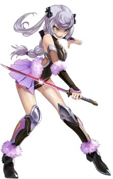 black_leotard bow braid breasts evil_smile fang fighting_stance full_body grey_hair hair_bow hatori_seishu holding holding_sword holding_weapon leotard lilith-soft looking_ahead official_art open_mouth rabidhowl shiny_skin single_braid skirt small_breasts smile standing sword taimanin_(series) taimanin_rpgx taimanin_suit transparent_background twintails weapon yellow_eyes