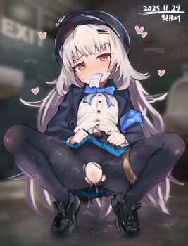 1girl absurdres black_pantyhose breasts censored clothes_lift goddess_of_victory:_nikke hat heart highres loafers long_hair mouth_hold pantyhose pussy shoes skirt skirt_lift small_breasts soline_(nikke) solo squatting torn_clothes torn_pantyhose yui_(tdragono_1011)